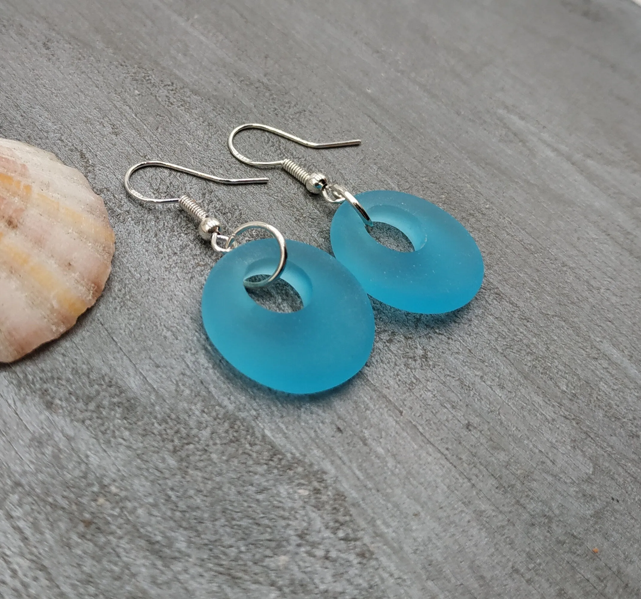 Hawaiian Jewelry Sea Glass Earrings, Circle Minimalist Jewelry Turquoise Blue Earrings, Beach Sea Glass Birthday Gift (December Birthstone)
