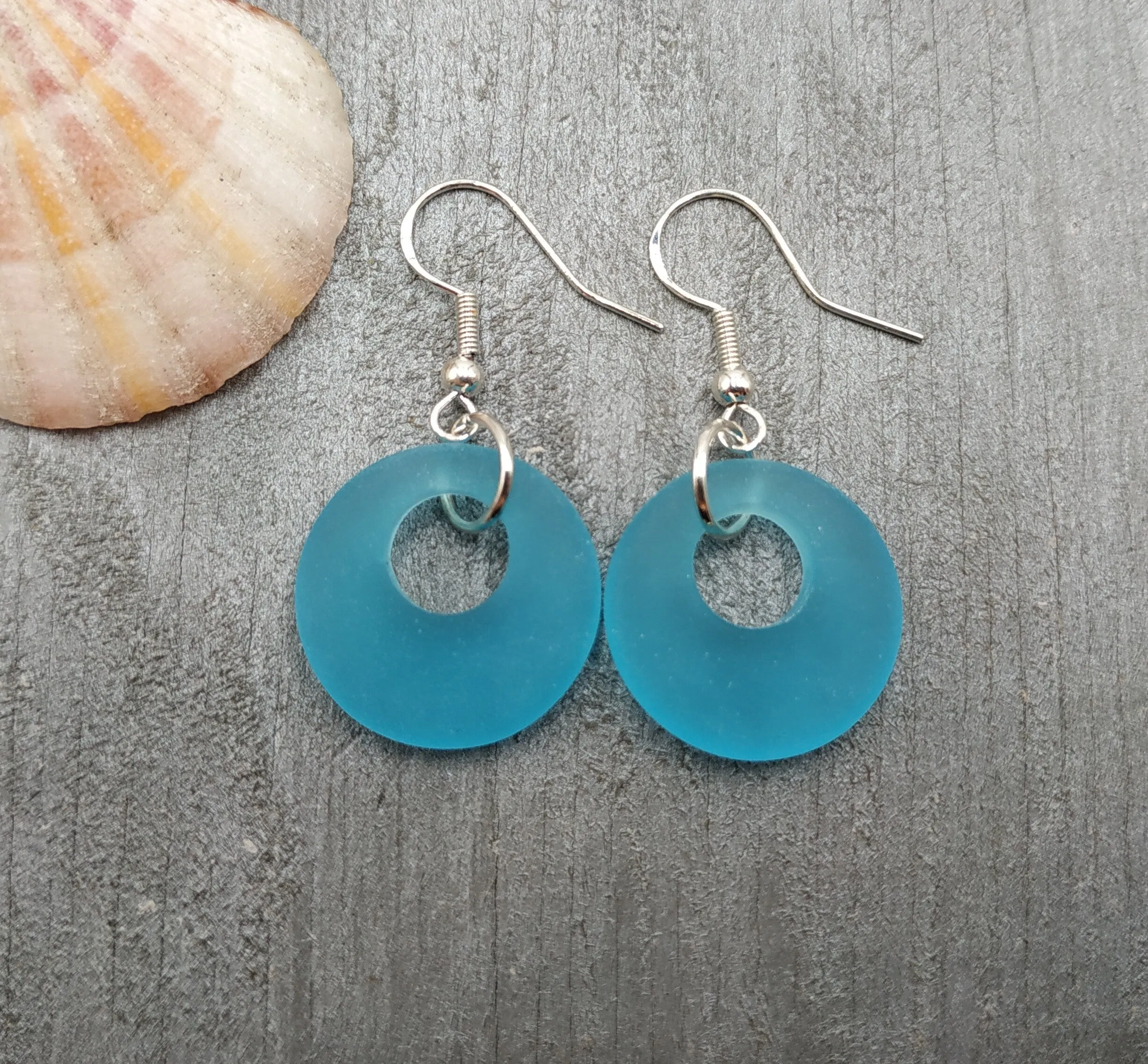 Hawaiian Jewelry Sea Glass Earrings, Circle Minimalist Jewelry Turquoise Blue Earrings, Beach Sea Glass Birthday Gift (December Birthstone)