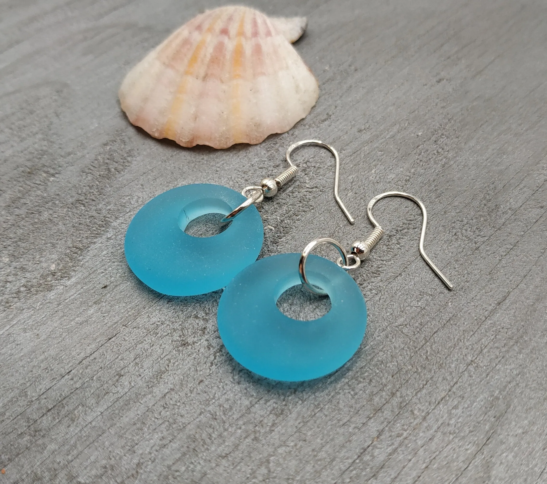 Hawaiian Jewelry Sea Glass Earrings, Circle Minimalist Jewelry Turquoise Blue Earrings, Beach Sea Glass Birthday Gift (December Birthstone)