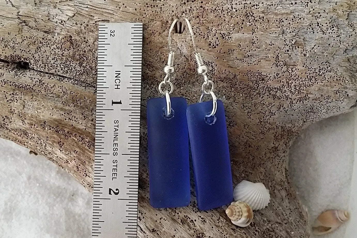 Hawaiian Jewelry Sea Glass Earrings, Rectangle Minimalist Earrings Cobalt Earrings, Sea Glass Jewelry Birthday Gift (September Birthstone)