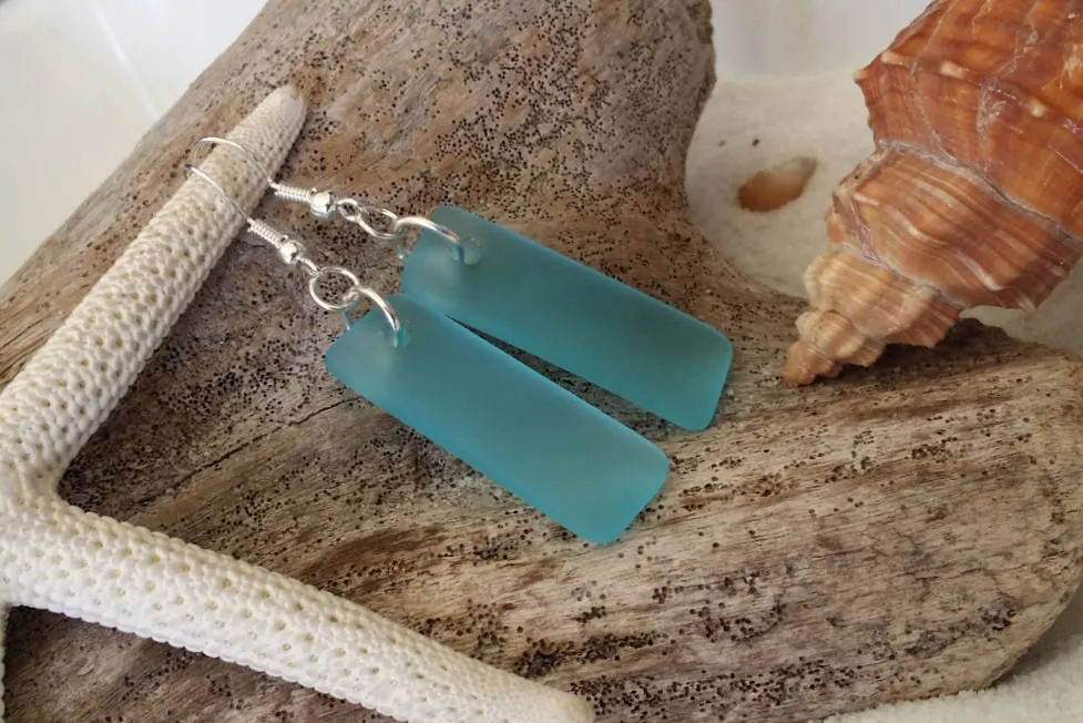 Hawaiian Jewelry Sea Glass Earrings, Rectangle Minimalist Jewelry Turquoise Blue Earrings, Sea Glass Birthday Gift (December Birthstone)