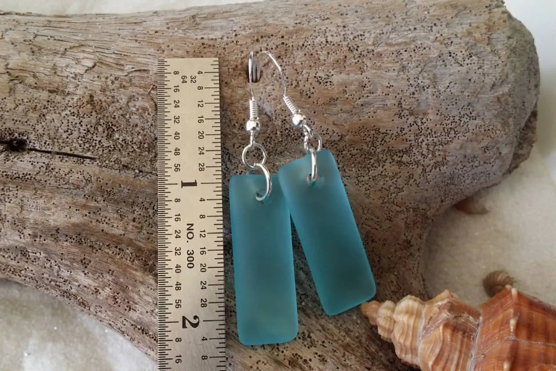 Hawaiian Jewelry Sea Glass Earrings, Rectangle Minimalist Jewelry Turquoise Blue Earrings, Sea Glass Birthday Gift (December Birthstone)