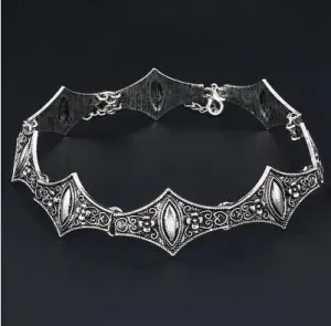 Hesiod Vintage Short Choker Necklace - Antique Silver Plated Metal with Unique Geometric Crystal Pendant for Goth and Metalhead Women