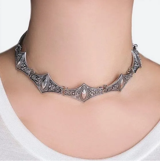 Hesiod Vintage Short Choker Necklace - Antique Silver Plated Metal with Unique Geometric Crystal Pendant for Goth and Metalhead Women