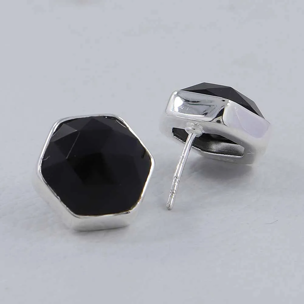 Hexagon Black Onyx Geometric Stud Earrings