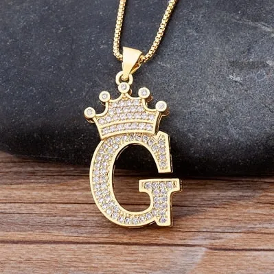 Hip-Hop Style A-Z Initial Crown Pendant Necklace Choker Chain