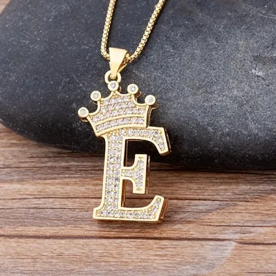 Hip-Hop Style A-Z Initial Crown Pendant Necklace Choker Chain