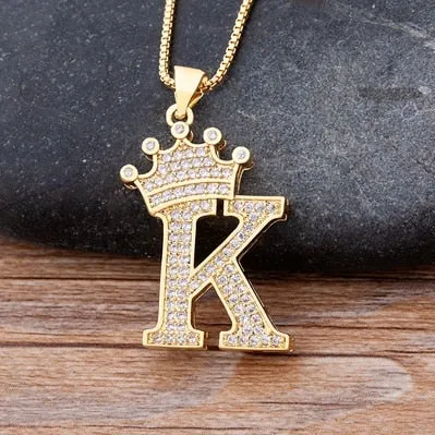 Hip-Hop Style A-Z Initial Crown Pendant Necklace Choker Chain