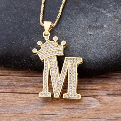 Hip-Hop Style A-Z Initial Crown Pendant Necklace Choker Chain