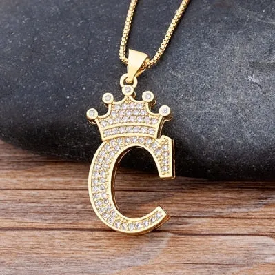Hip-Hop Style A-Z Initial Crown Pendant Necklace Choker Chain