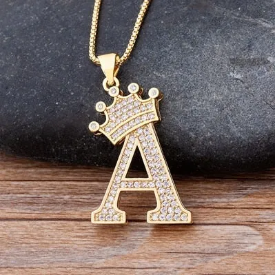 Hip-Hop Style A-Z Initial Crown Pendant Necklace Choker Chain