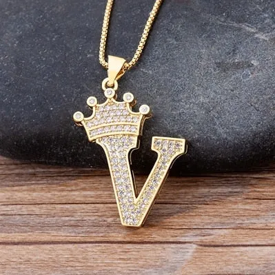Hip-Hop Style A-Z Initial Crown Pendant Necklace Choker Chain