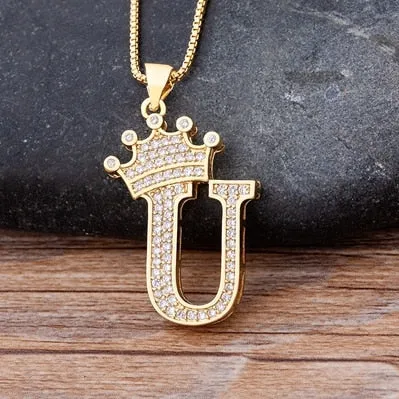 Hip-Hop Style A-Z Initial Crown Pendant Necklace Choker Chain