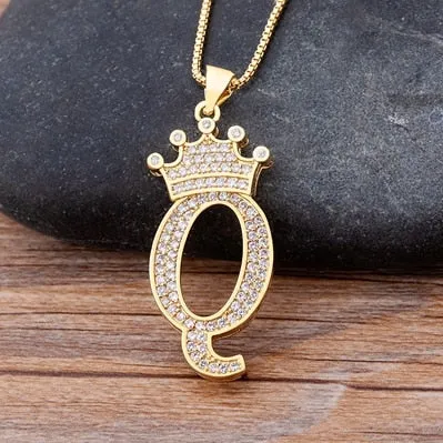 Hip-Hop Style A-Z Initial Crown Pendant Necklace Choker Chain