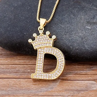 Hip-Hop Style A-Z Initial Crown Pendant Necklace Choker Chain