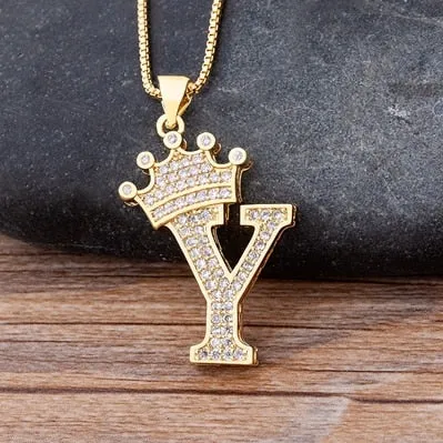 Hip-Hop Style A-Z Initial Crown Pendant Necklace Choker Chain