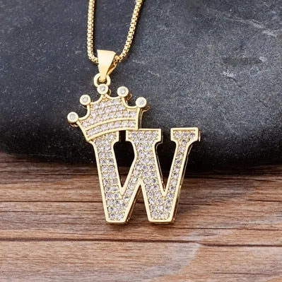 Hip-Hop Style A-Z Initial Crown Pendant Necklace Choker Chain