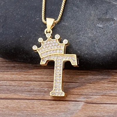 Hip-Hop Style A-Z Initial Crown Pendant Necklace Choker Chain