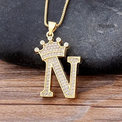 Hip-Hop Style A-Z Initial Crown Pendant Necklace Choker Chain