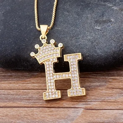 Hip-Hop Style A-Z Initial Crown Pendant Necklace Choker Chain