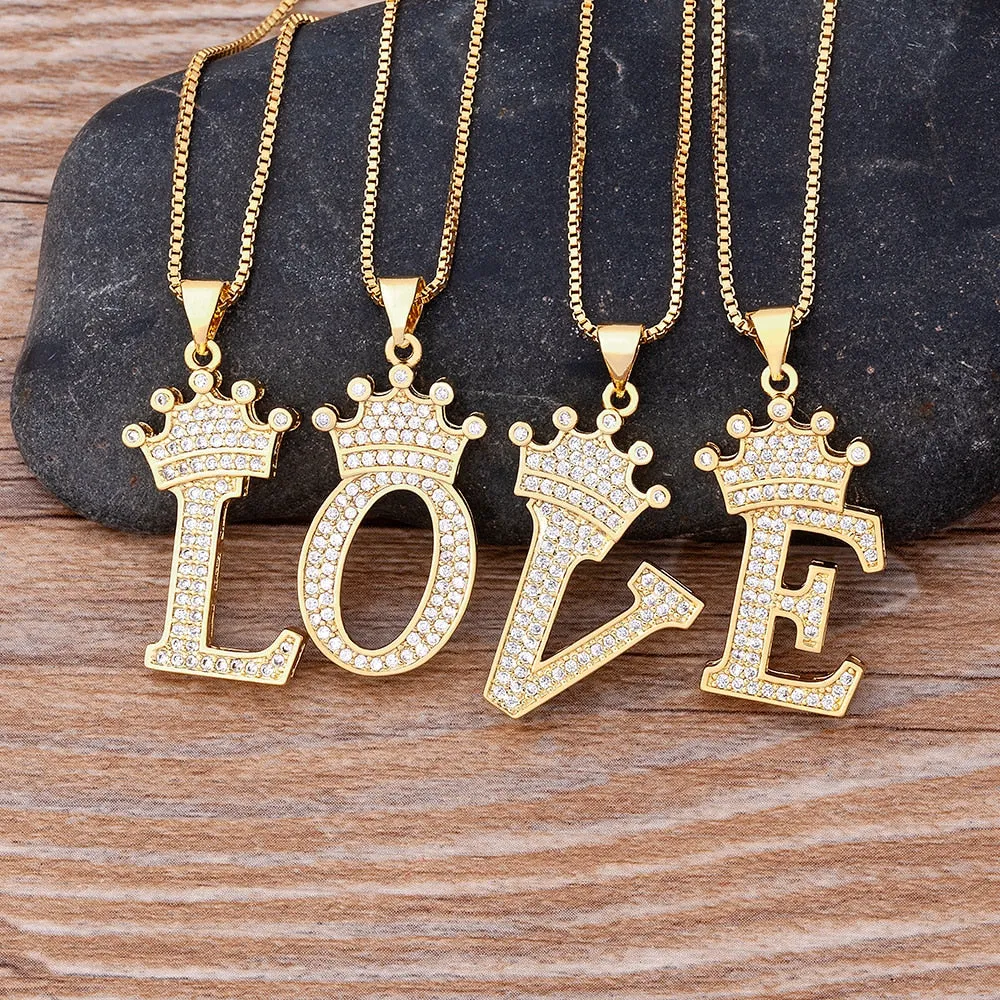 Hip-Hop Style A-Z Initial Crown Pendant Necklace Choker Chain