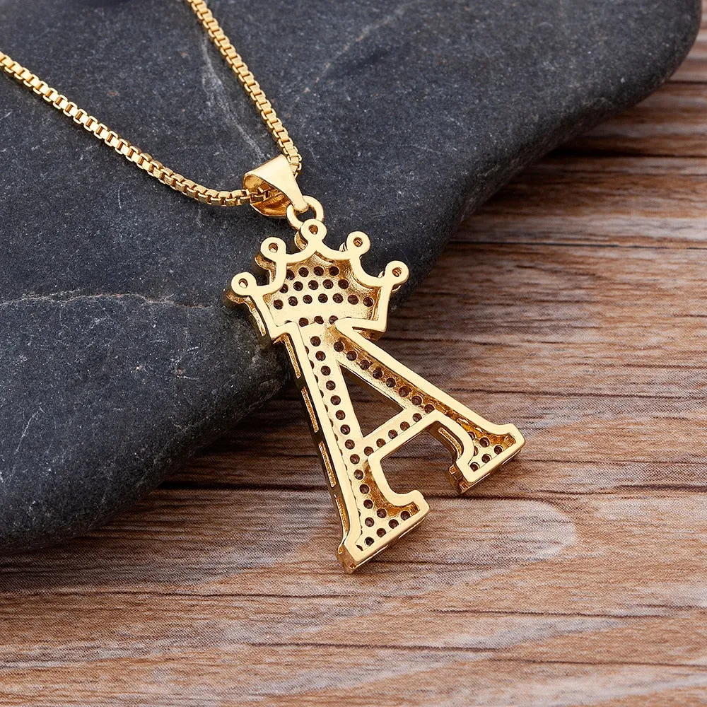 Hip-Hop Style A-Z Initial Crown Pendant Necklace Choker Chain