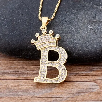 Hip-Hop Style A-Z Initial Crown Pendant Necklace Choker Chain