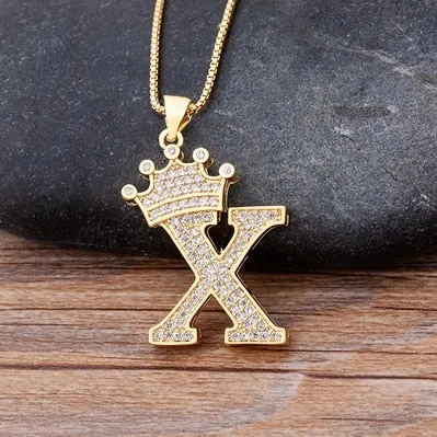 Hip-Hop Style A-Z Initial Crown Pendant Necklace Choker Chain