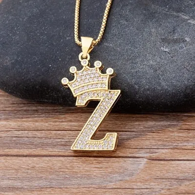 Hip-Hop Style A-Z Initial Crown Pendant Necklace Choker Chain