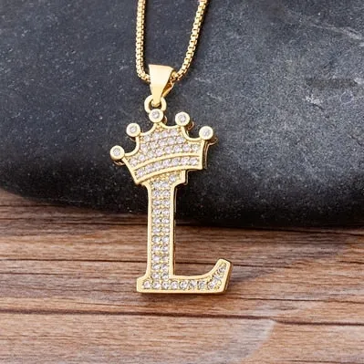 Hip-Hop Style A-Z Initial Crown Pendant Necklace Choker Chain