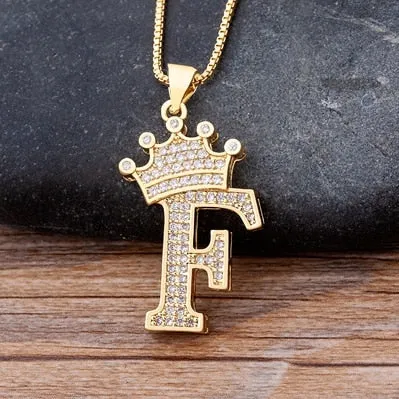 Hip-Hop Style A-Z Initial Crown Pendant Necklace Choker Chain