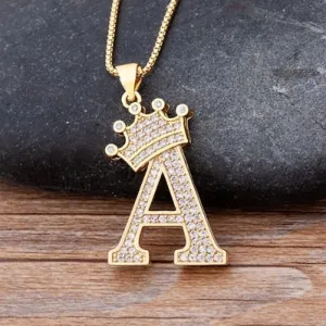 Hip-Hop Style A-Z Initial Crown Pendant Necklace Choker Chain