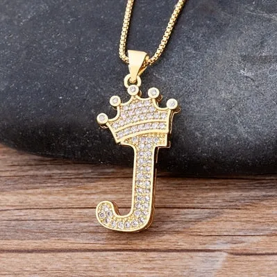Hip-Hop Style A-Z Initial Crown Pendant Necklace Choker Chain