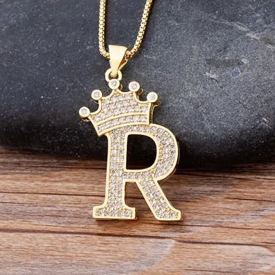 Hip-Hop Style A-Z Initial Crown Pendant Necklace Choker Chain