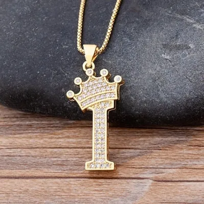 Hip-Hop Style A-Z Initial Crown Pendant Necklace Choker Chain