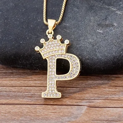 Hip-Hop Style A-Z Initial Crown Pendant Necklace Choker Chain