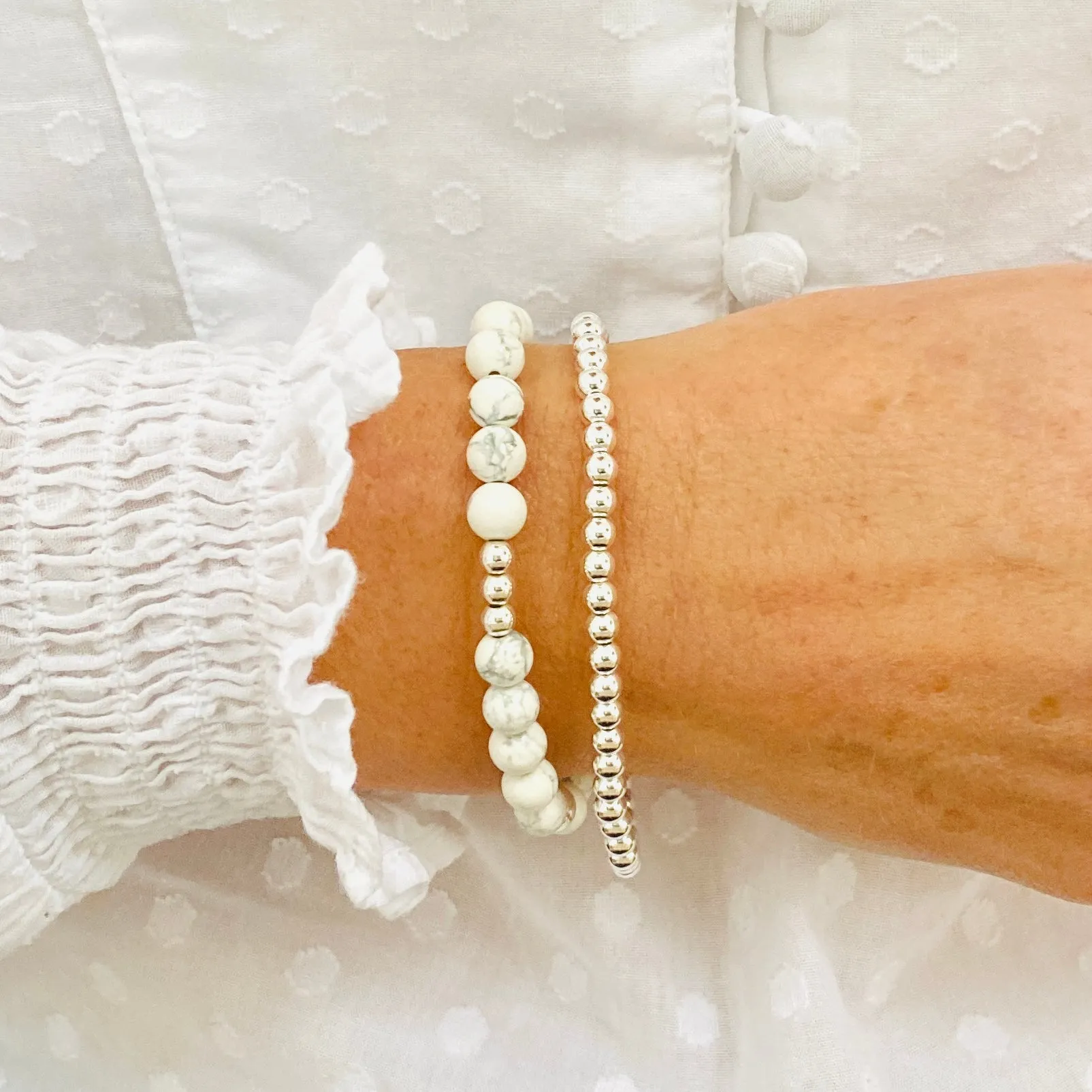 Howlite Gemstone Bracelet with Silver Accent | Solo or Stack Set