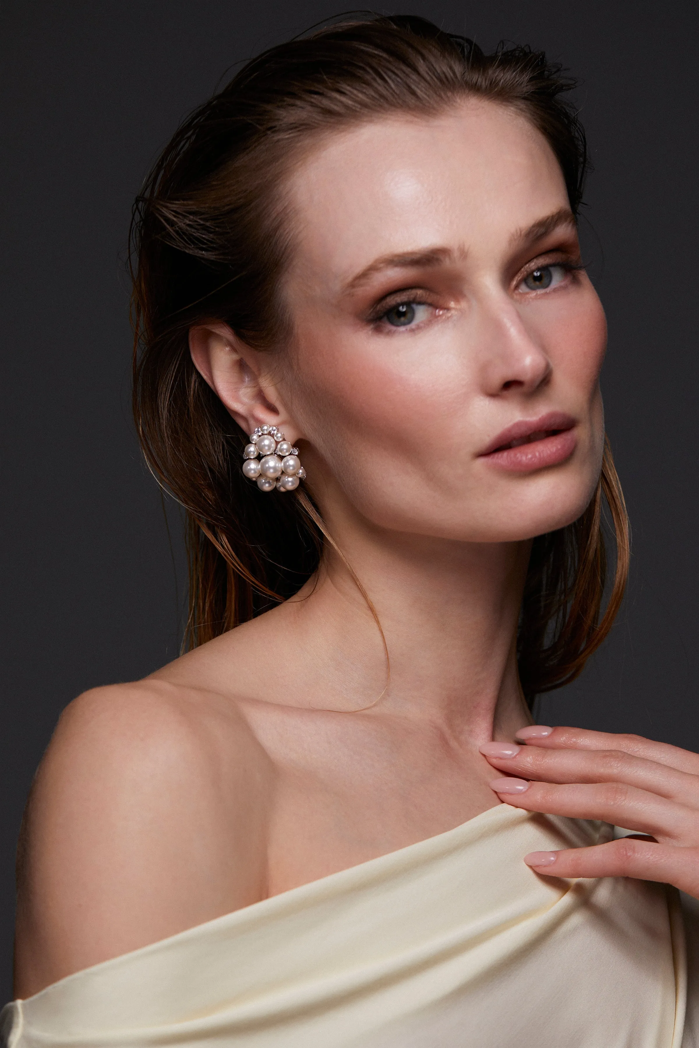 INGRID PEARL AND CZ CLUSTER SHIELD EARRINGS