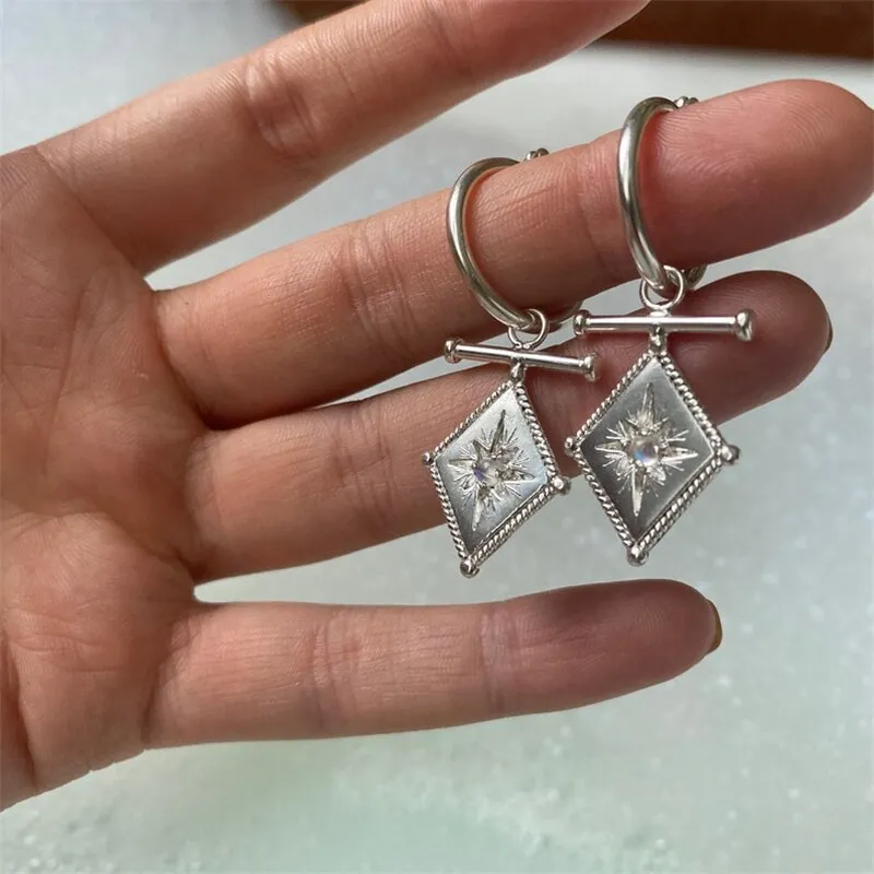 Inlaid Moonstone Polaris Pendant Earrings  Geometric Prismatic Drop Earrings