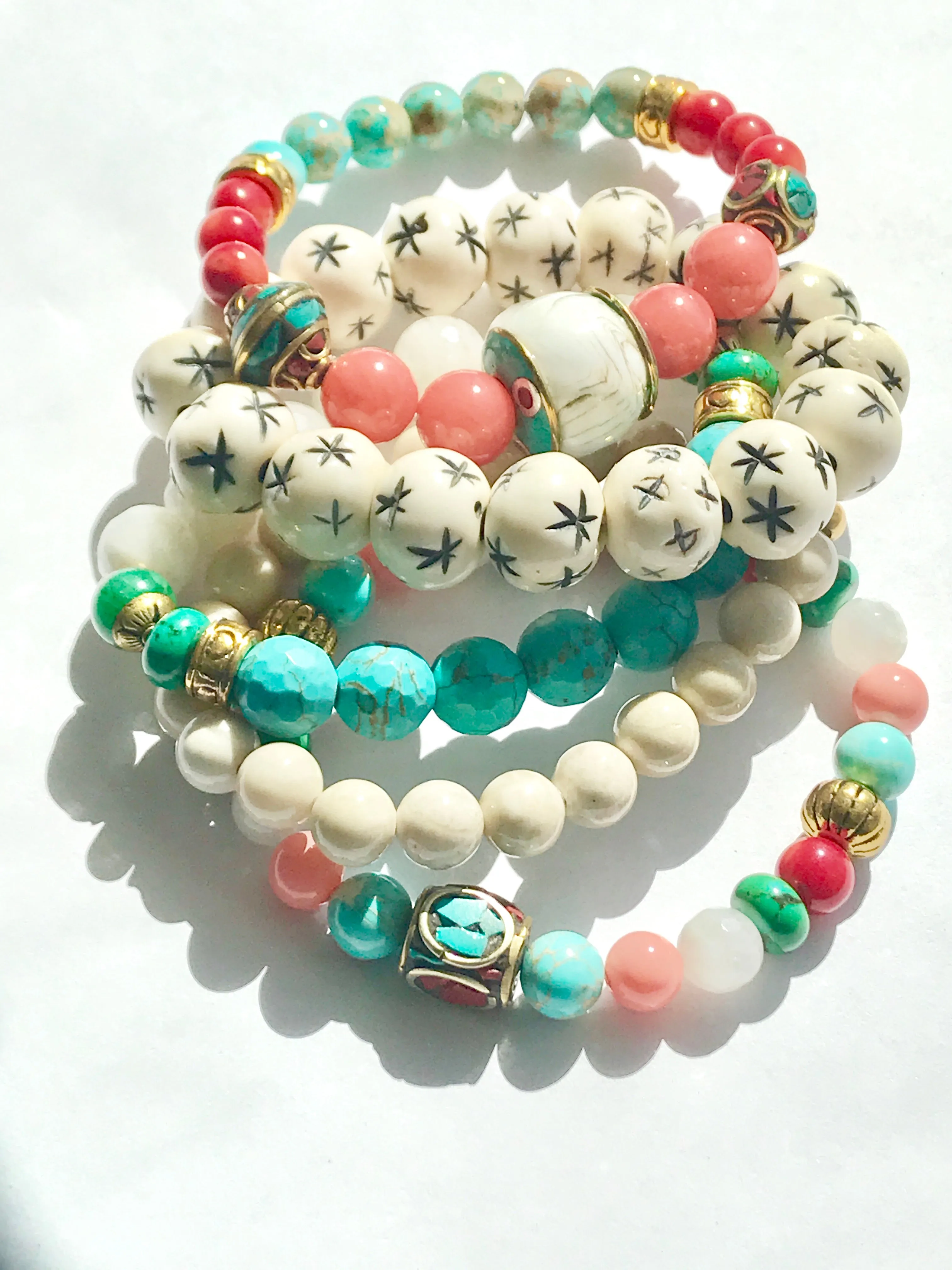 Ivory Stretch Bracelet Stack Set of 3 Carved Bone, Howlite