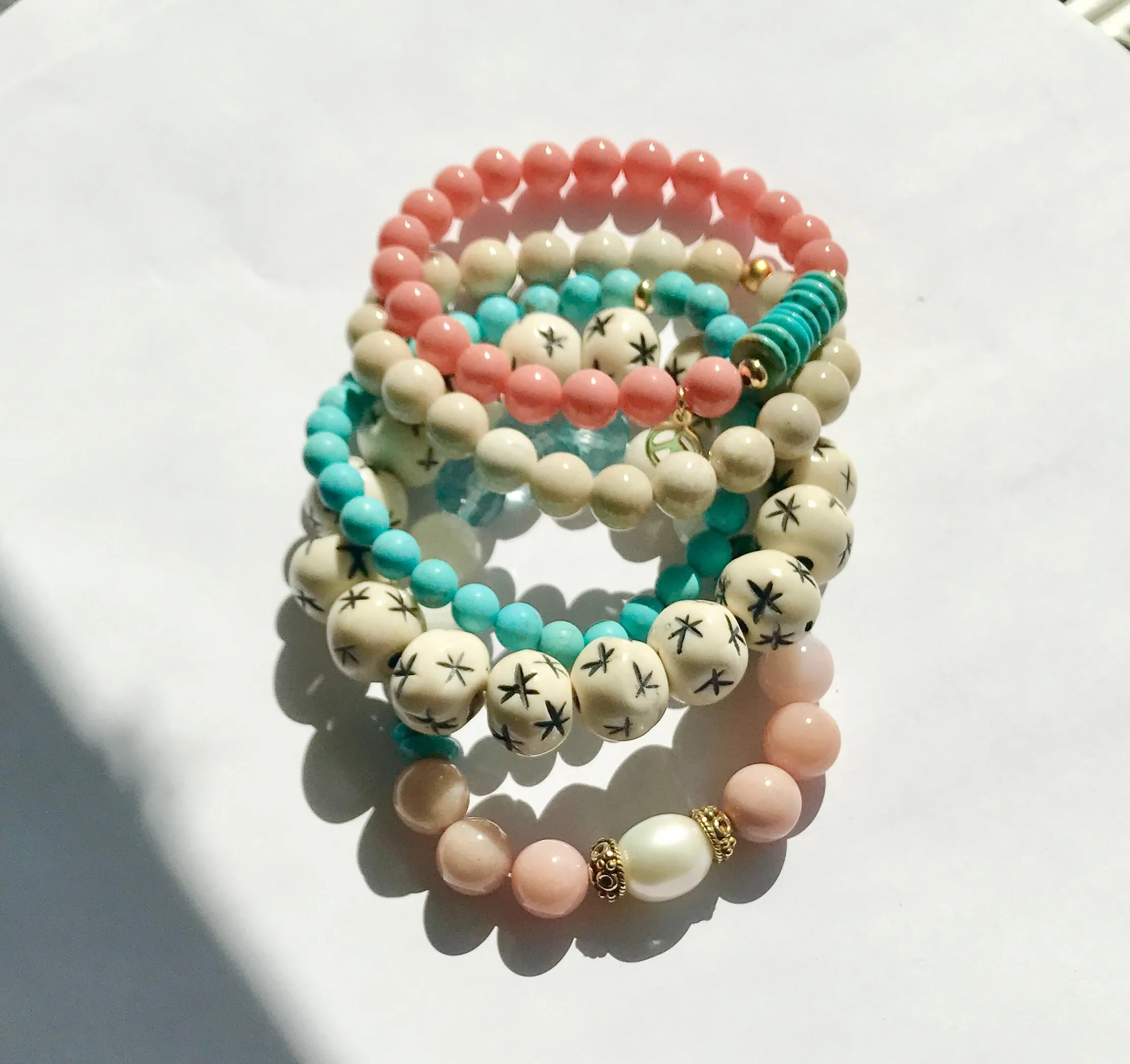 Ivory Stretch Bracelet Stack Set of 3 Carved Bone, Howlite