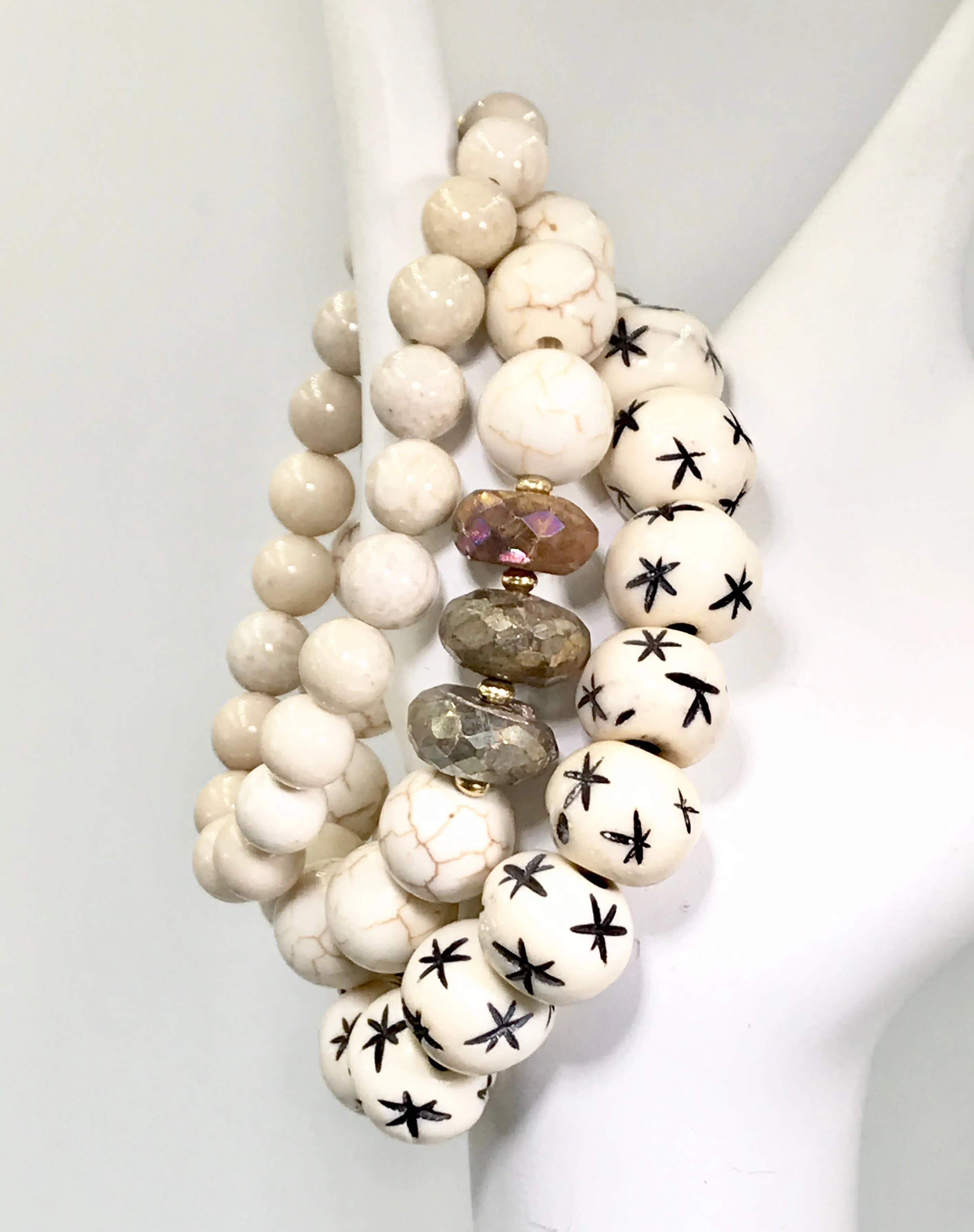 Ivory Stretch Bracelet Stack Set of 3 Carved Bone, Howlite