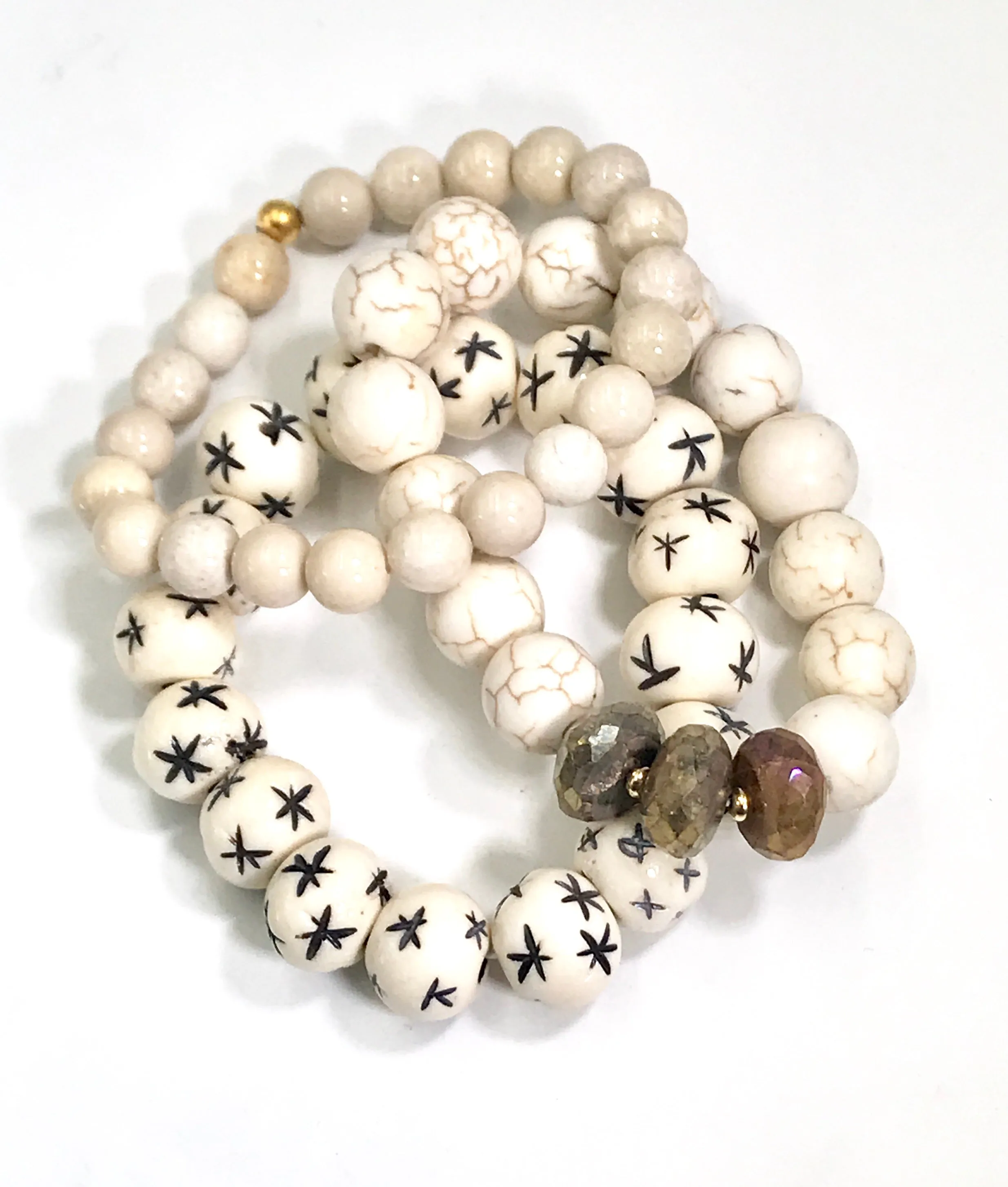 Ivory Stretch Bracelet Stack Set of 3 Carved Bone, Howlite