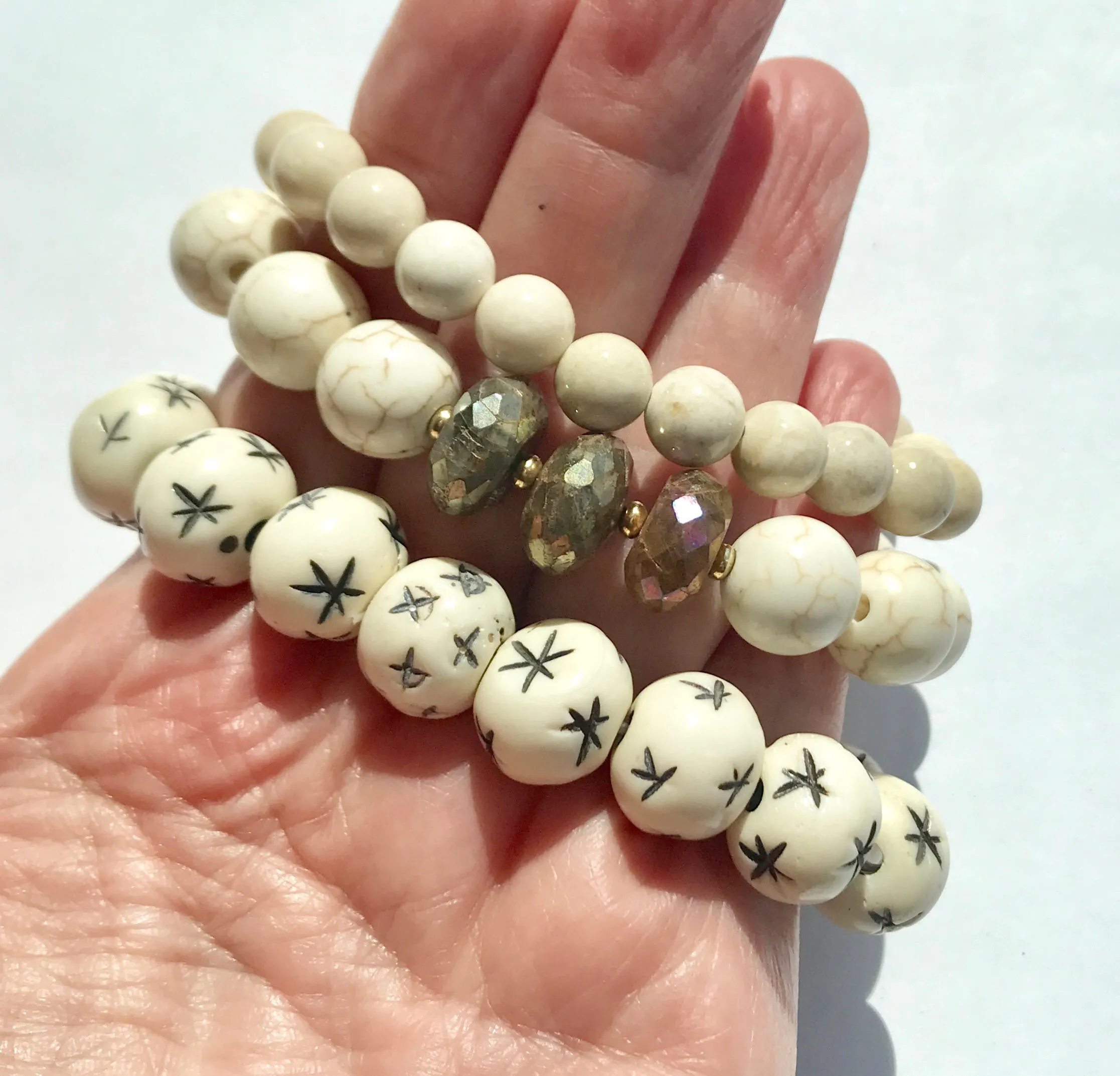 Ivory Stretch Bracelet Stack Set of 3 Carved Bone, Howlite