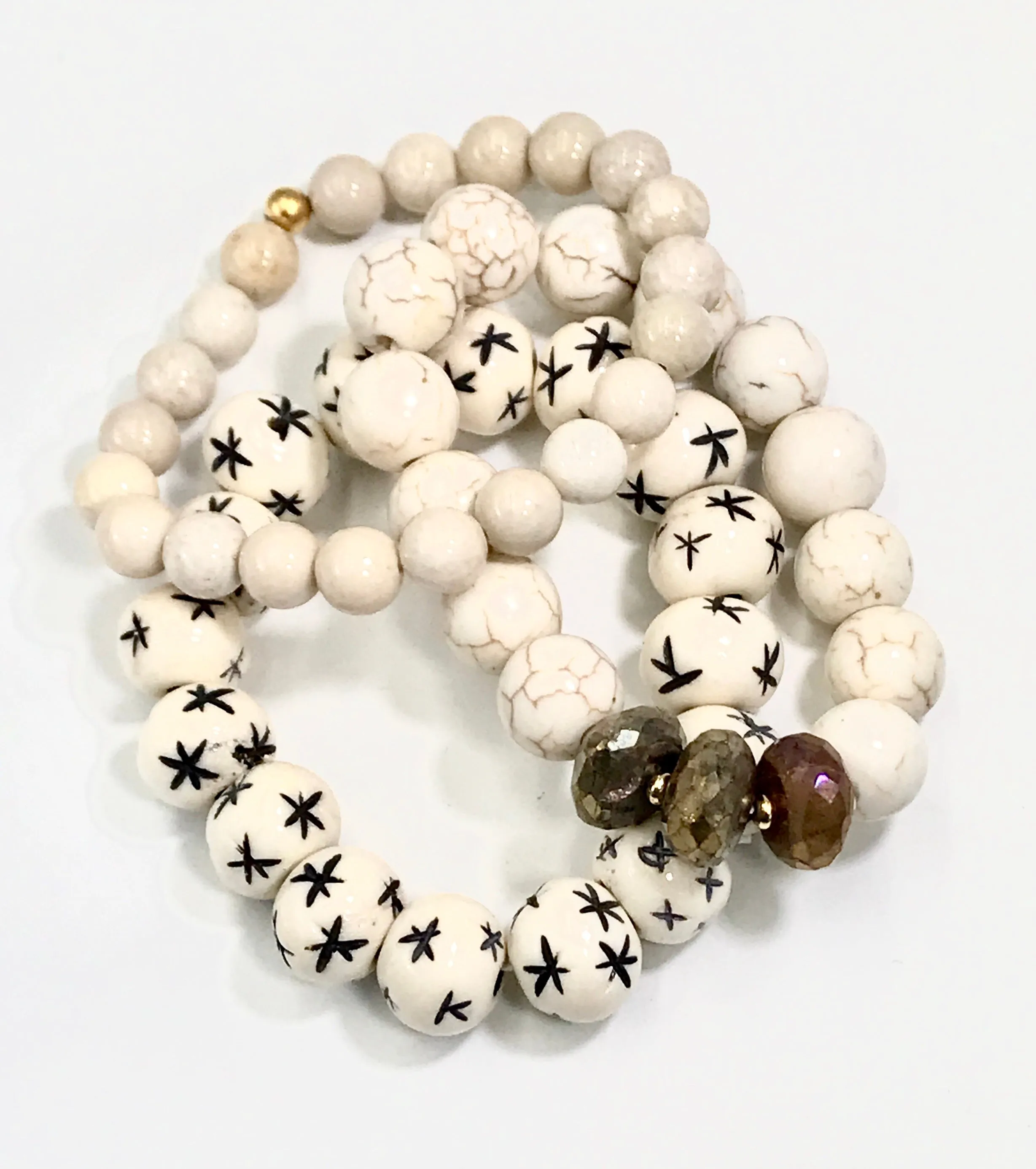 Ivory Stretch Bracelet Stack Set of 3 Carved Bone, Howlite