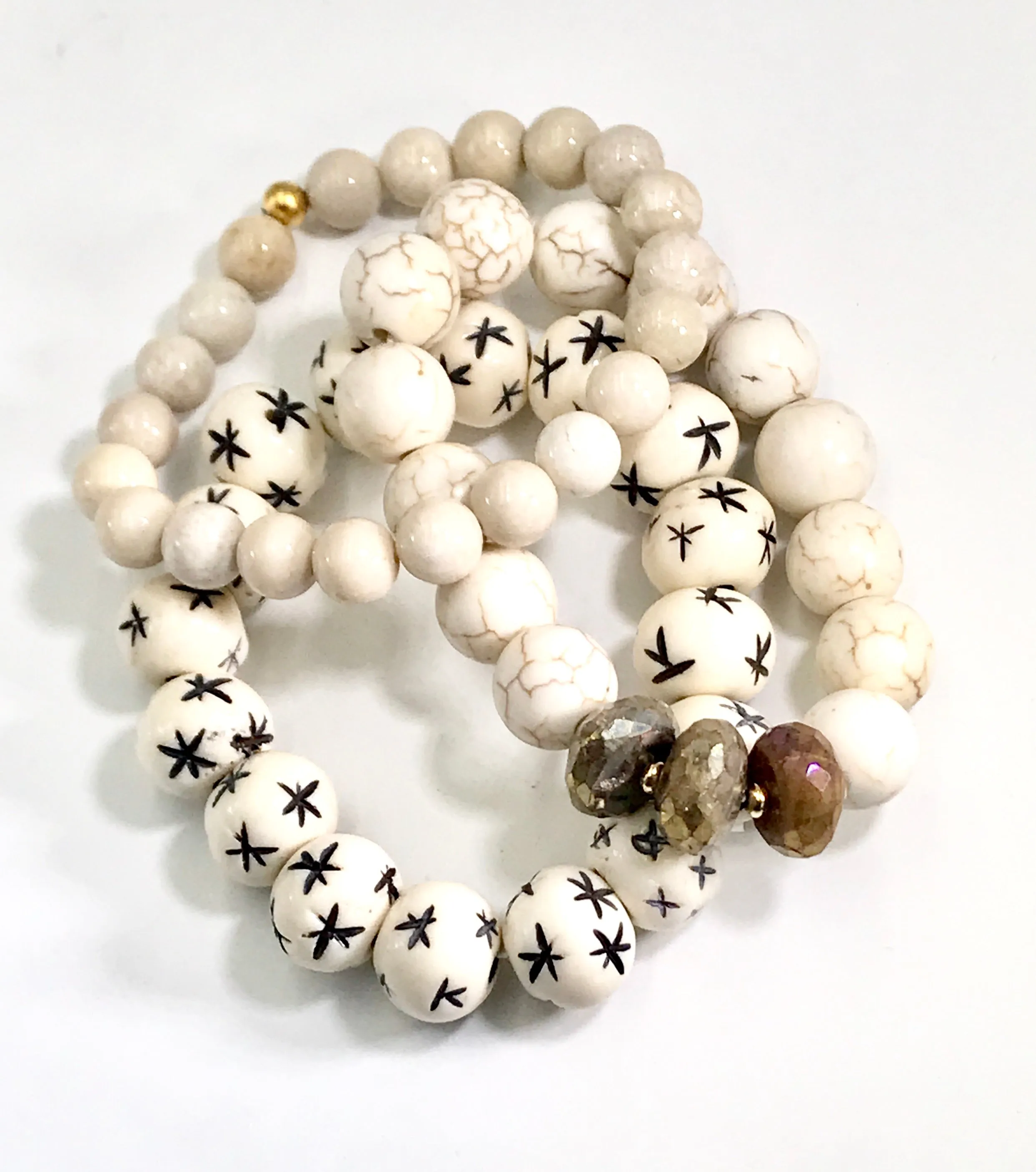 Ivory Stretch Bracelet Stack Set of 3 Carved Bone, Howlite