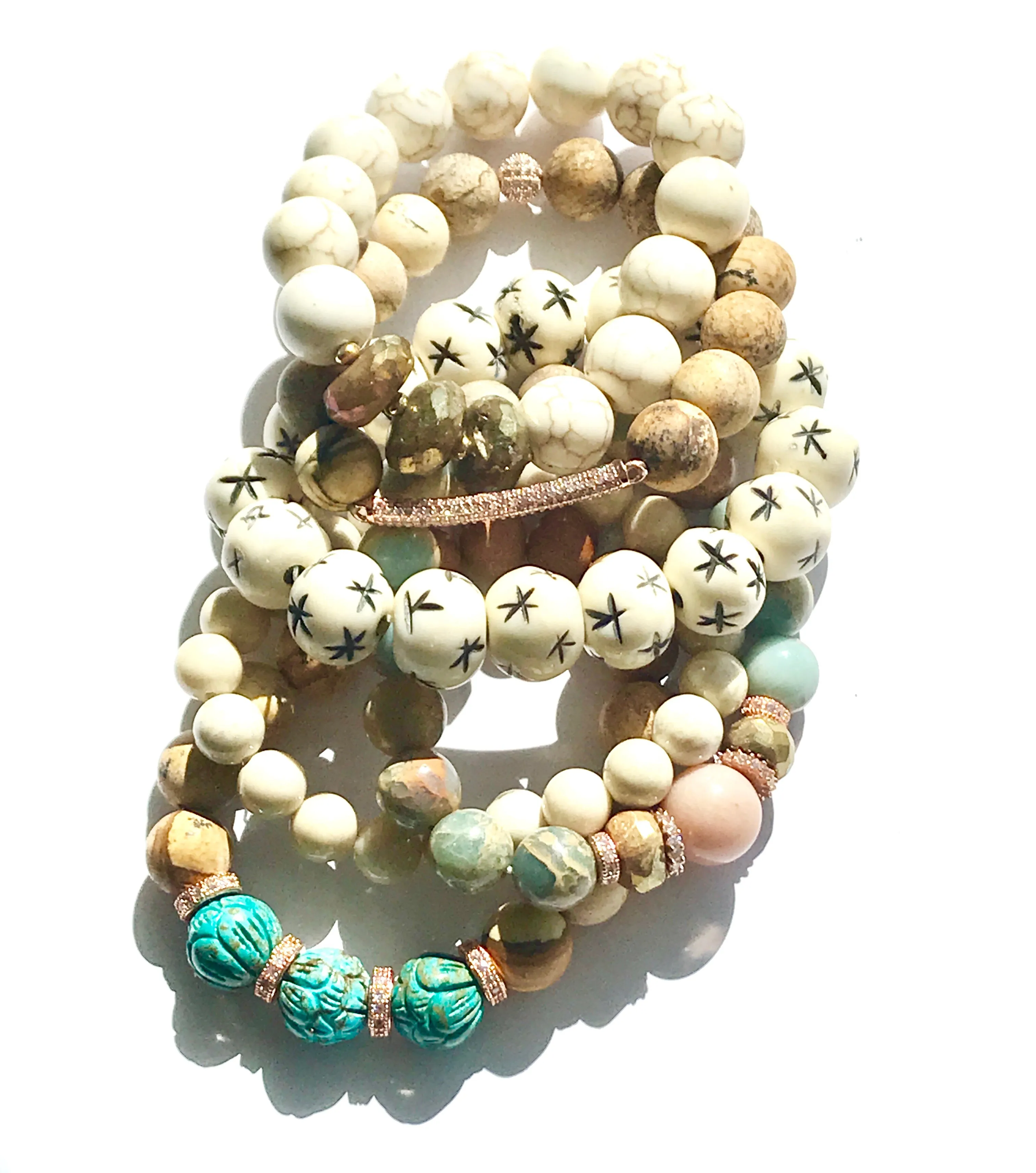 Ivory Stretch Bracelet Stack Set of 3 Carved Bone, Howlite