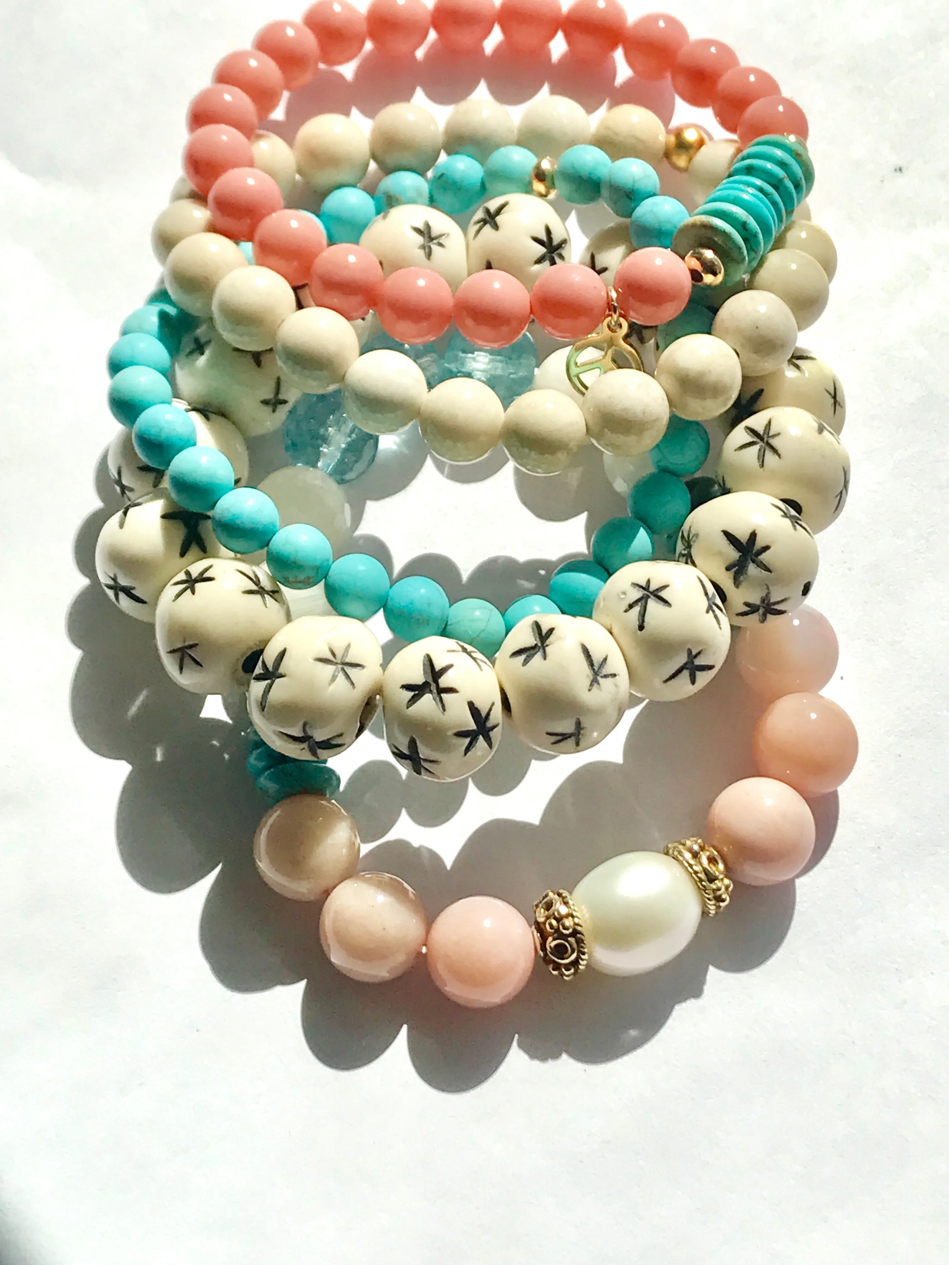 Ivory Stretch Bracelet Stack Set of 3 Carved Bone, Howlite