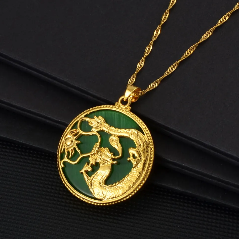 Jade Green Stone Charm Dragon Pendant Necklaces