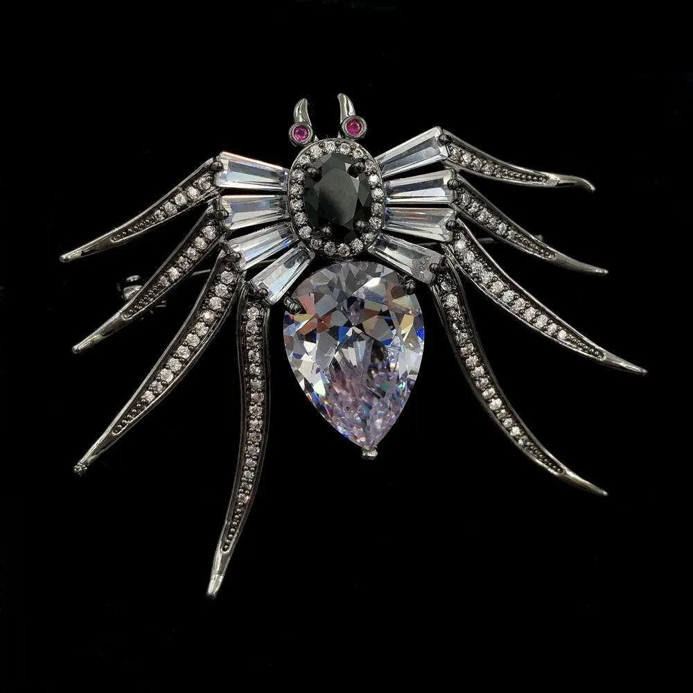 Jewelblings Antique Baguette Cut Pear & Oval CZ Eight-Legged Red Eyes Black Spider Brooches Pin